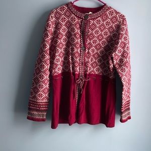 L.L. Bean Burgundy and Cream Geometric Cardigan